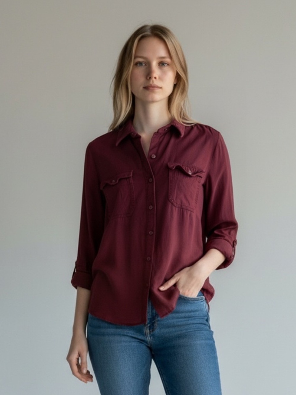 Cato Maroon Burgundy Button Down Long Sleeve Top Blouse Size Medium